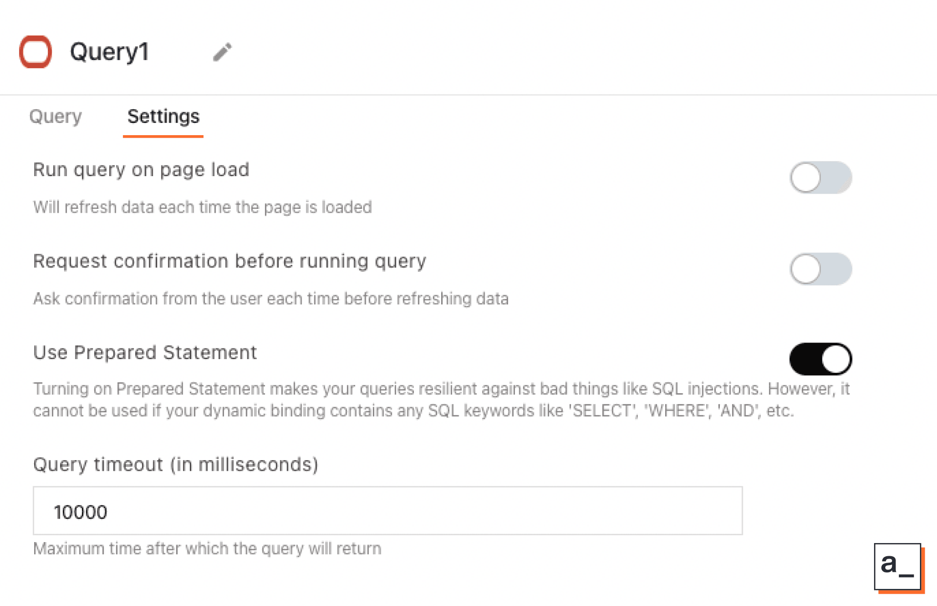 A set of controls for each query in Appsmith, in this case, an Oracle SQL query to an Oracle database as a datasource