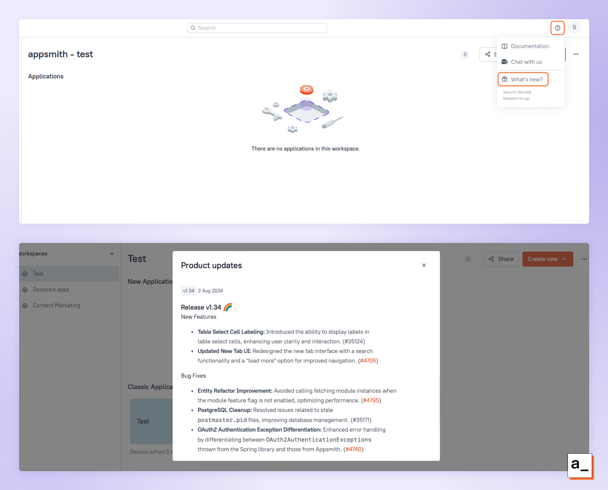 Screenshot showing where to find release info in Appsmith.