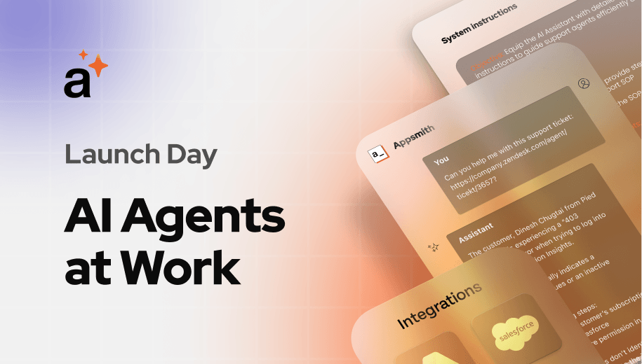An image with purple and orange background, the headline "Ai Agents at work" and the screenshots of the product.