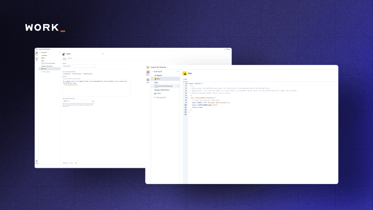 An image with blue background and two screenshots showcasing Appsmith workflows.