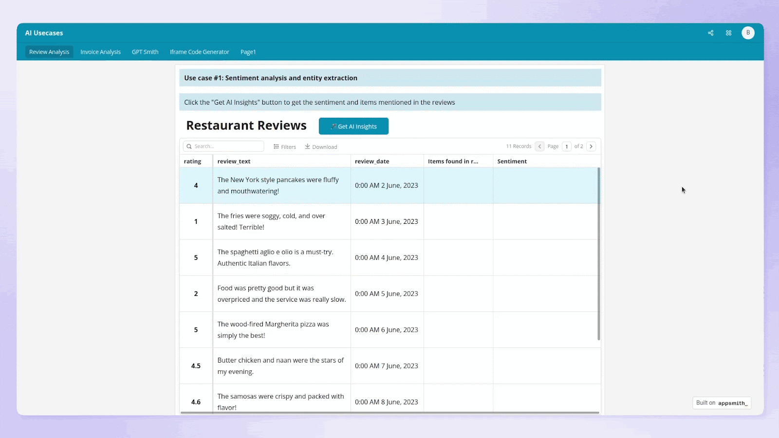 Screen recording showing a business AI application that reads through customer reviews, performs sentiment analysis, and classifies the department related to the review.