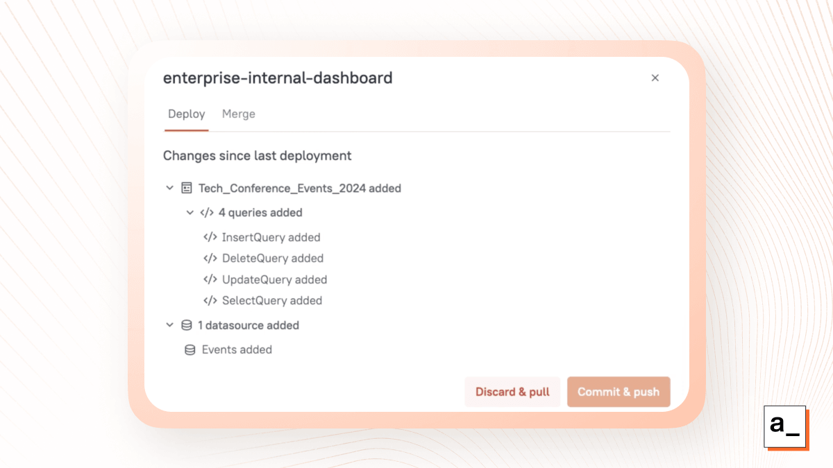 Image showing the Appsmith commit screen with low-code git diff functionality.