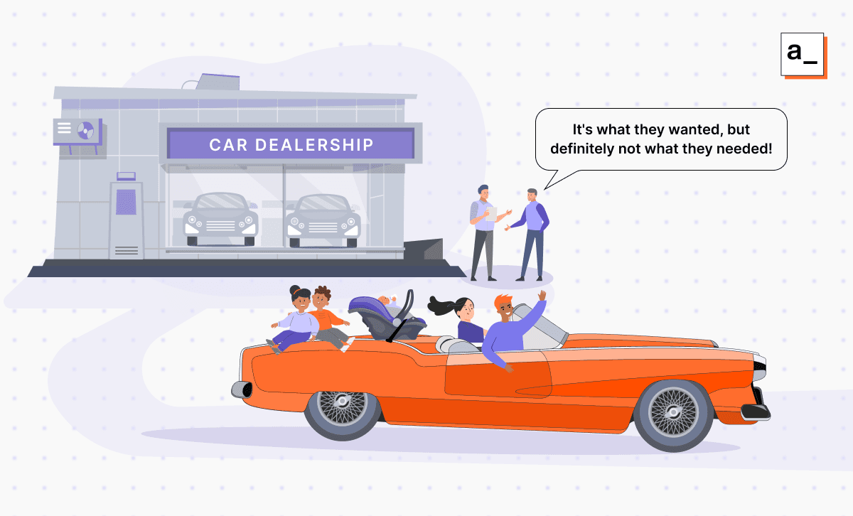 A large family has just been sold a two-seater sports car — children are clinging to the outside of the car, demonstrating that what is always wanted isn’t what is going to be appropriate for the task.