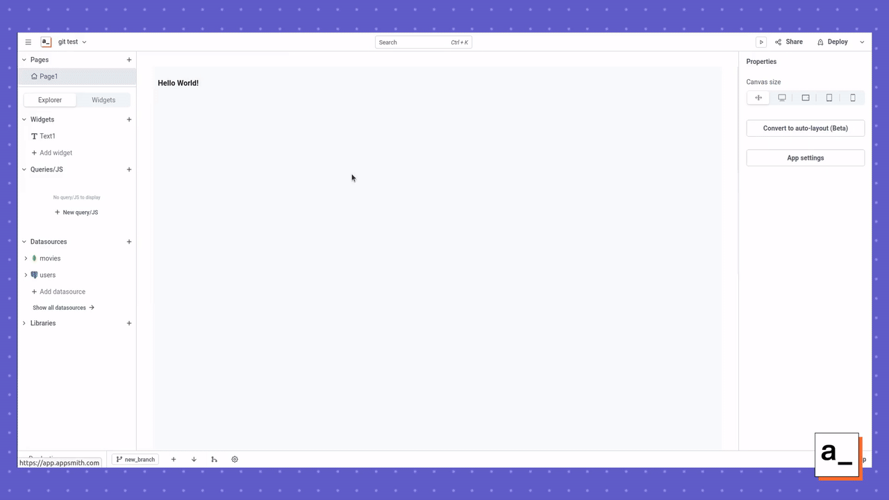 A screen recording showing how to merge one branch into another in Appsmith.