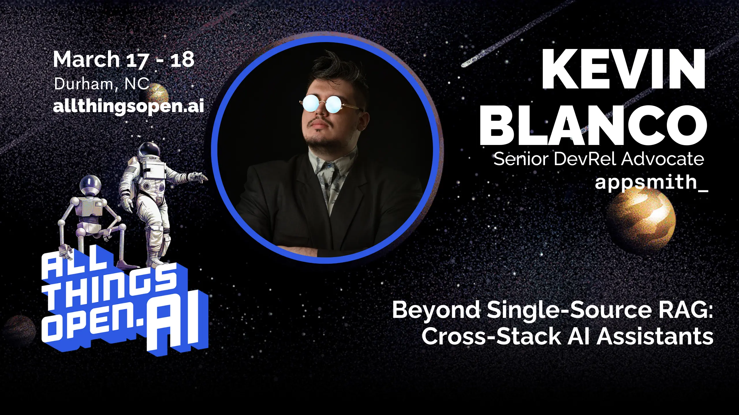 A promo banner showing Senior DevRel Advocate Kevin Blanco speaking at All Things Open.Ai