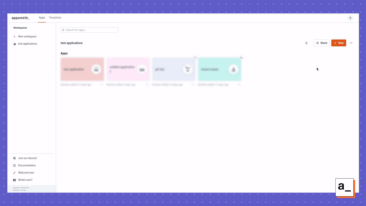 A screen recording showing how to create an application in Appsmith.