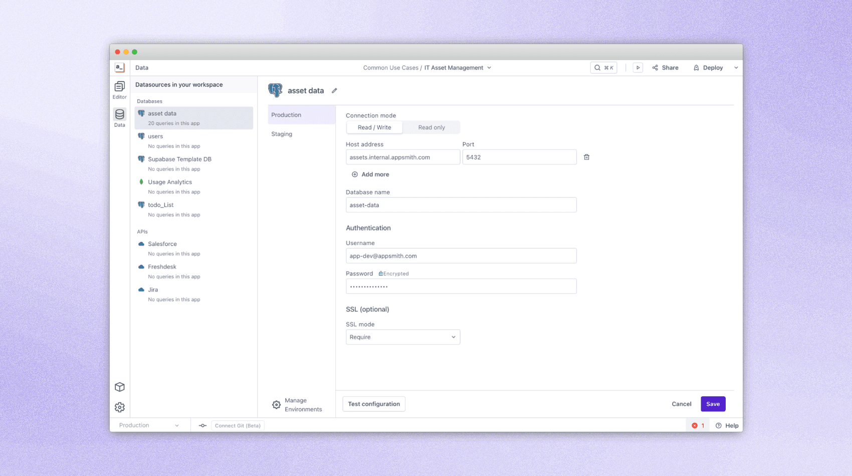 An image with lilac background and a screenshot of Appsmith's dashboard.