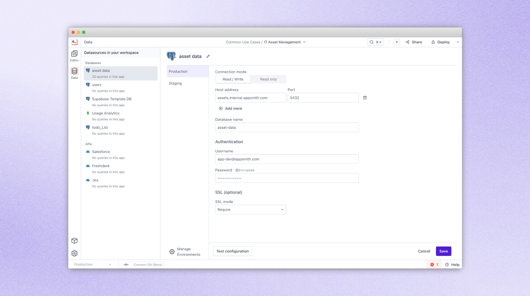 An image with lilac background and a screenshot of Appsmith's dashboard.