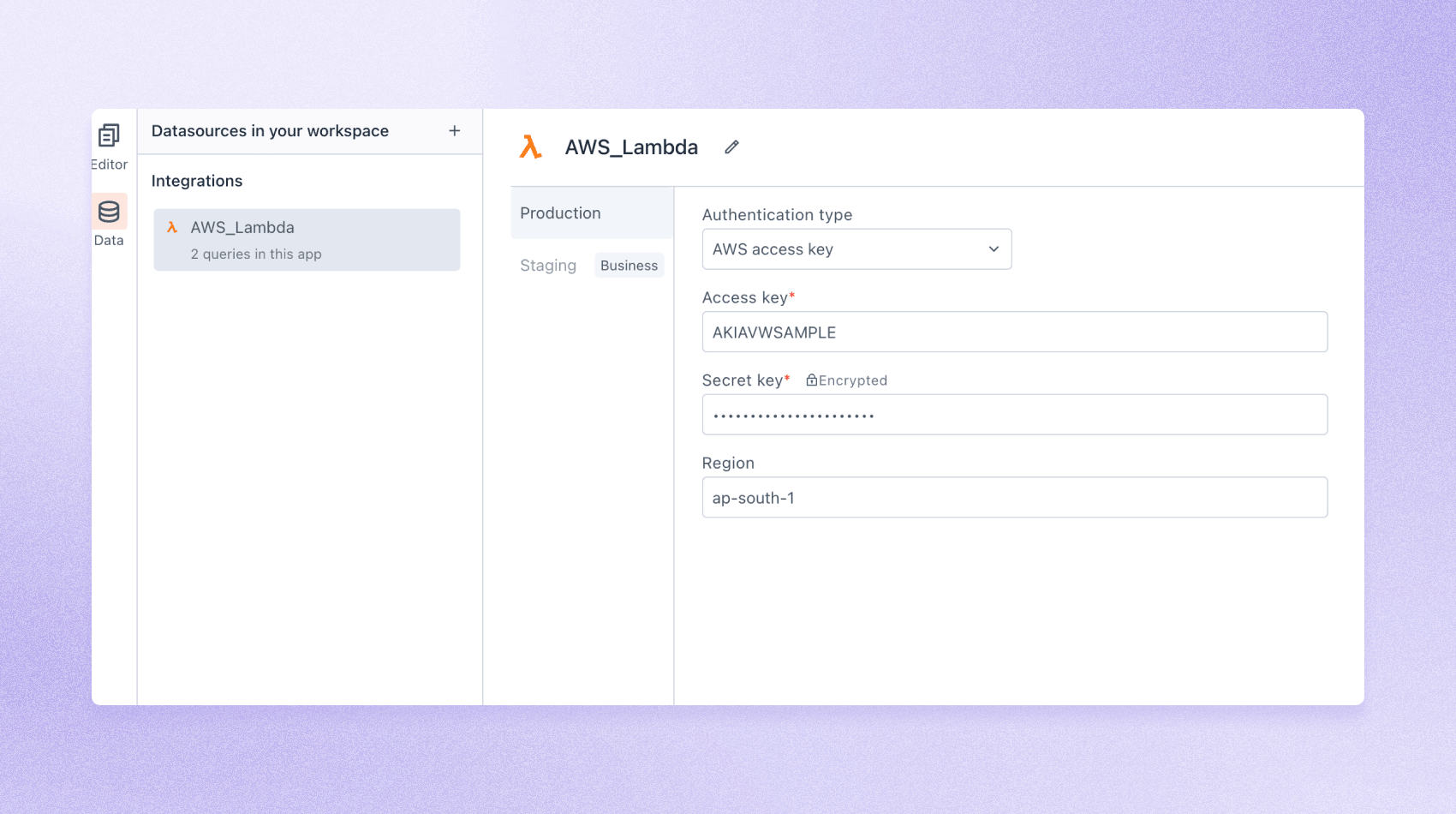 An image with lilac background and a screenshot of AWS lambda integration on Appsmith.