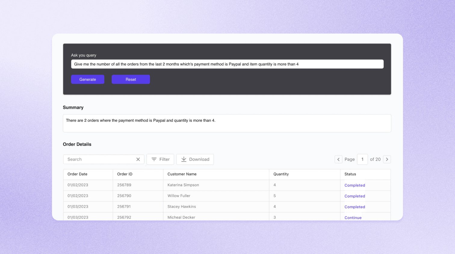 An image with purple background and a screenshot of Appsmith AI query generator.