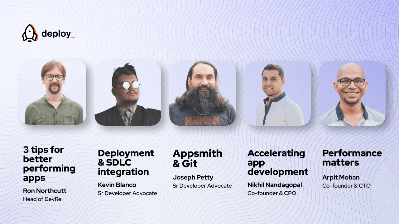 An image with lilac background that shows the pictures, sessions, and role of the speakers of the event Appsmith DEPLOY