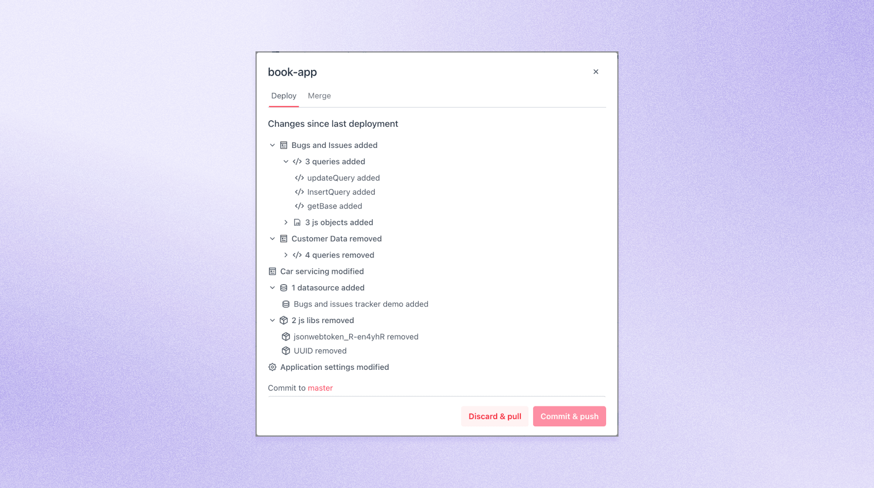 A screenshot of Git commit modal and a purple background.
