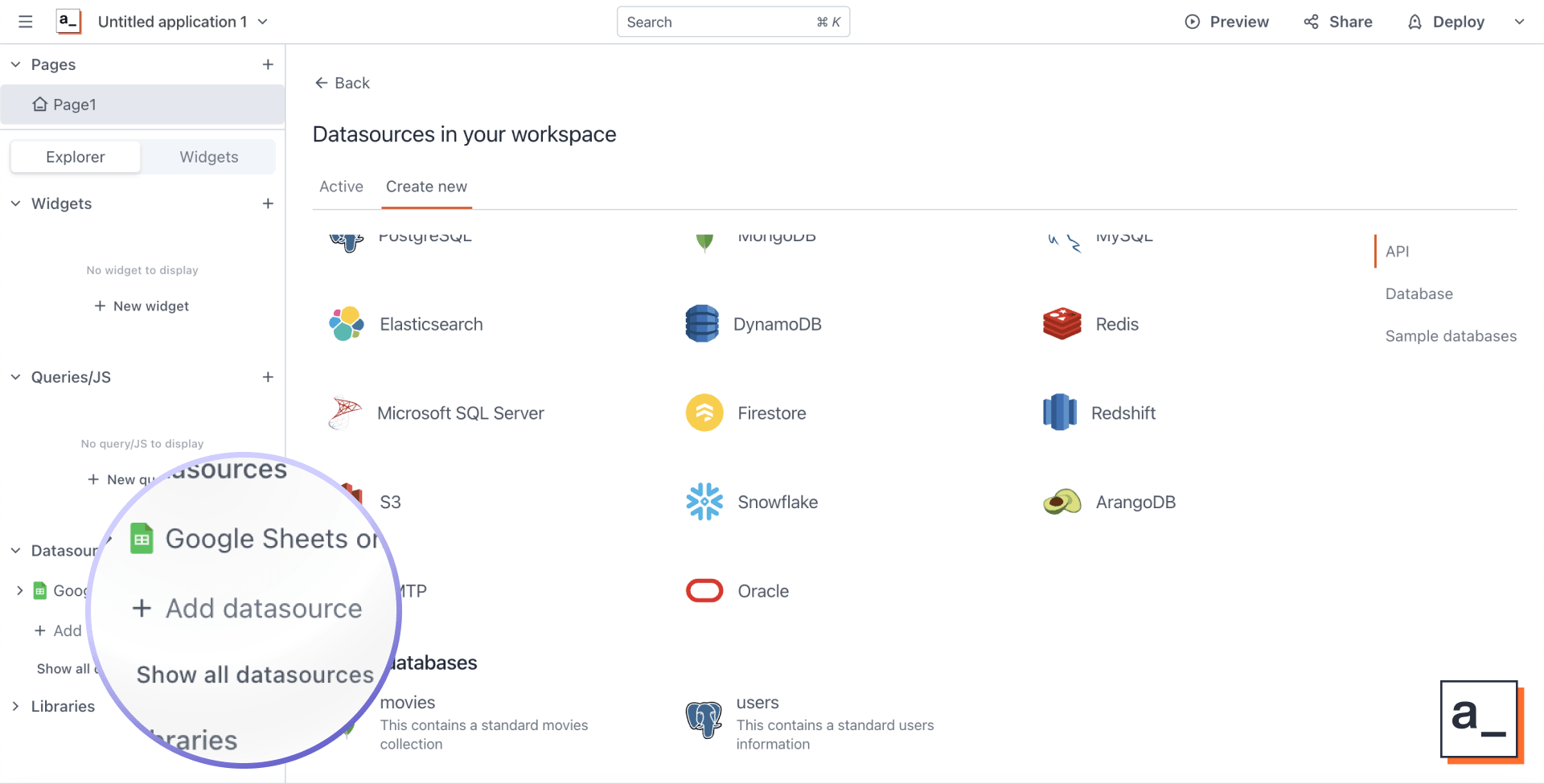 A screenshot of Appsmith showing how to find Oracle on a list of datasources
