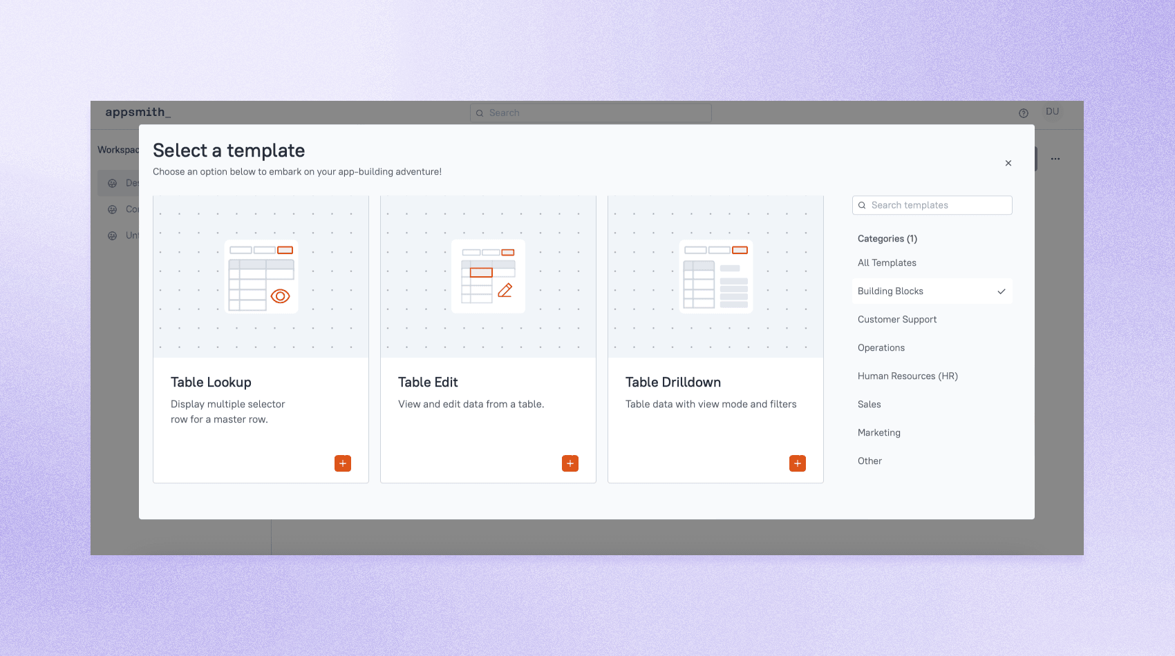 An image with lilac background and a screenshot of building blocks in Appsmith