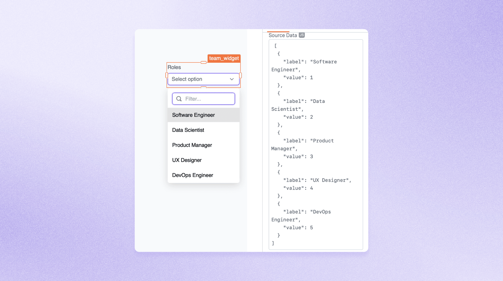 An image with lilac background and a screenshot of Appsmith table widget