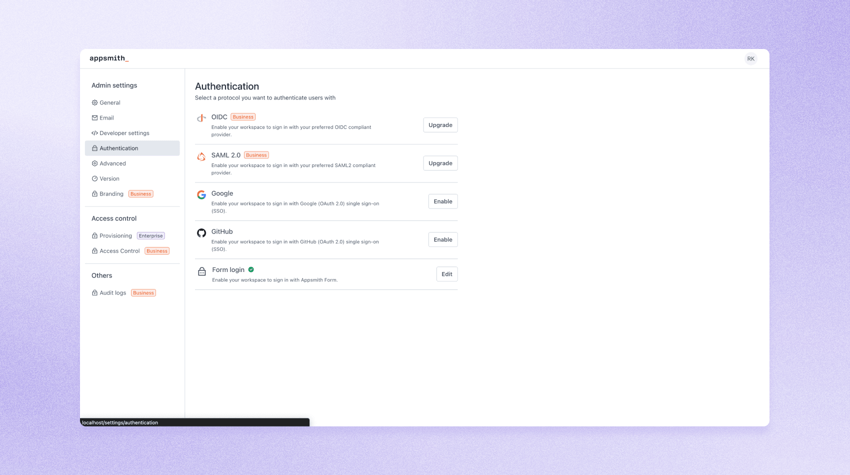 Dashboard page on purple background. Displays "authentication" section in a visually appealing manner.