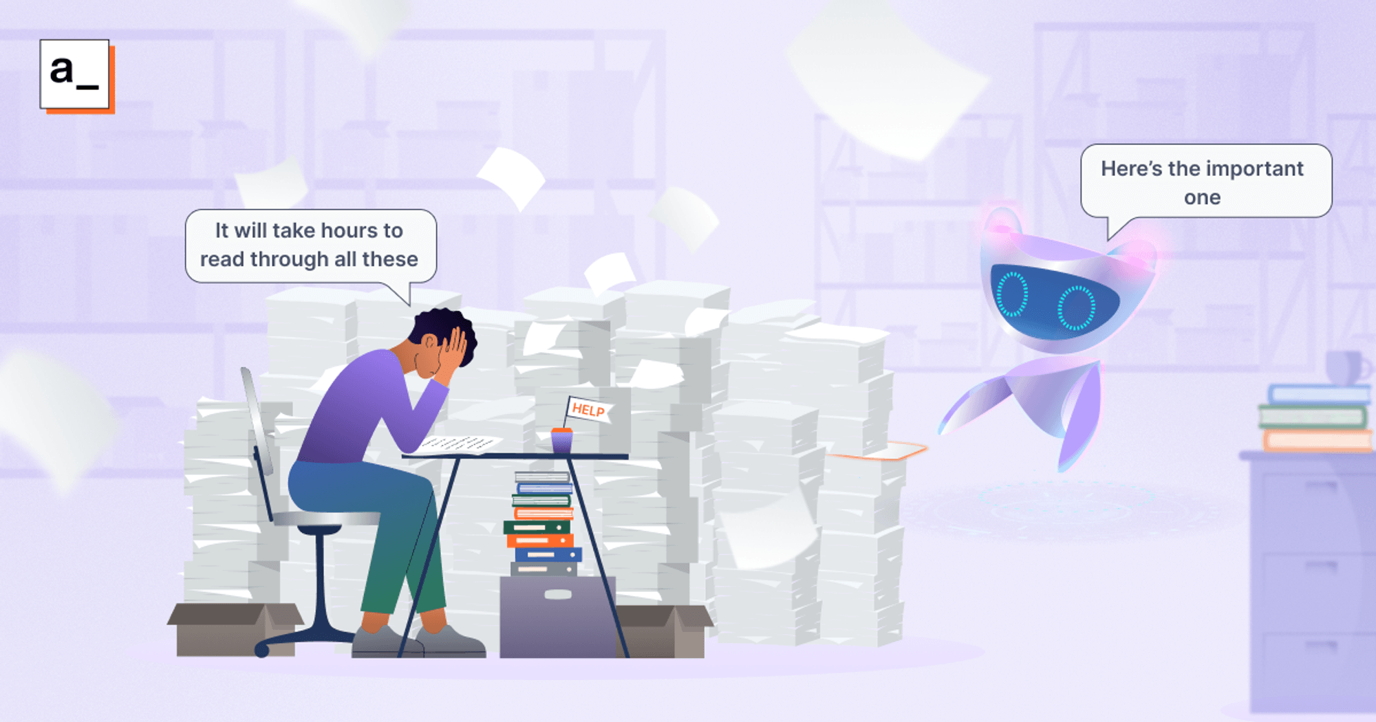 A person needs to dig through a large pile of reviews to find important ones. A robot, representing AI, can find the important information almost instantly.