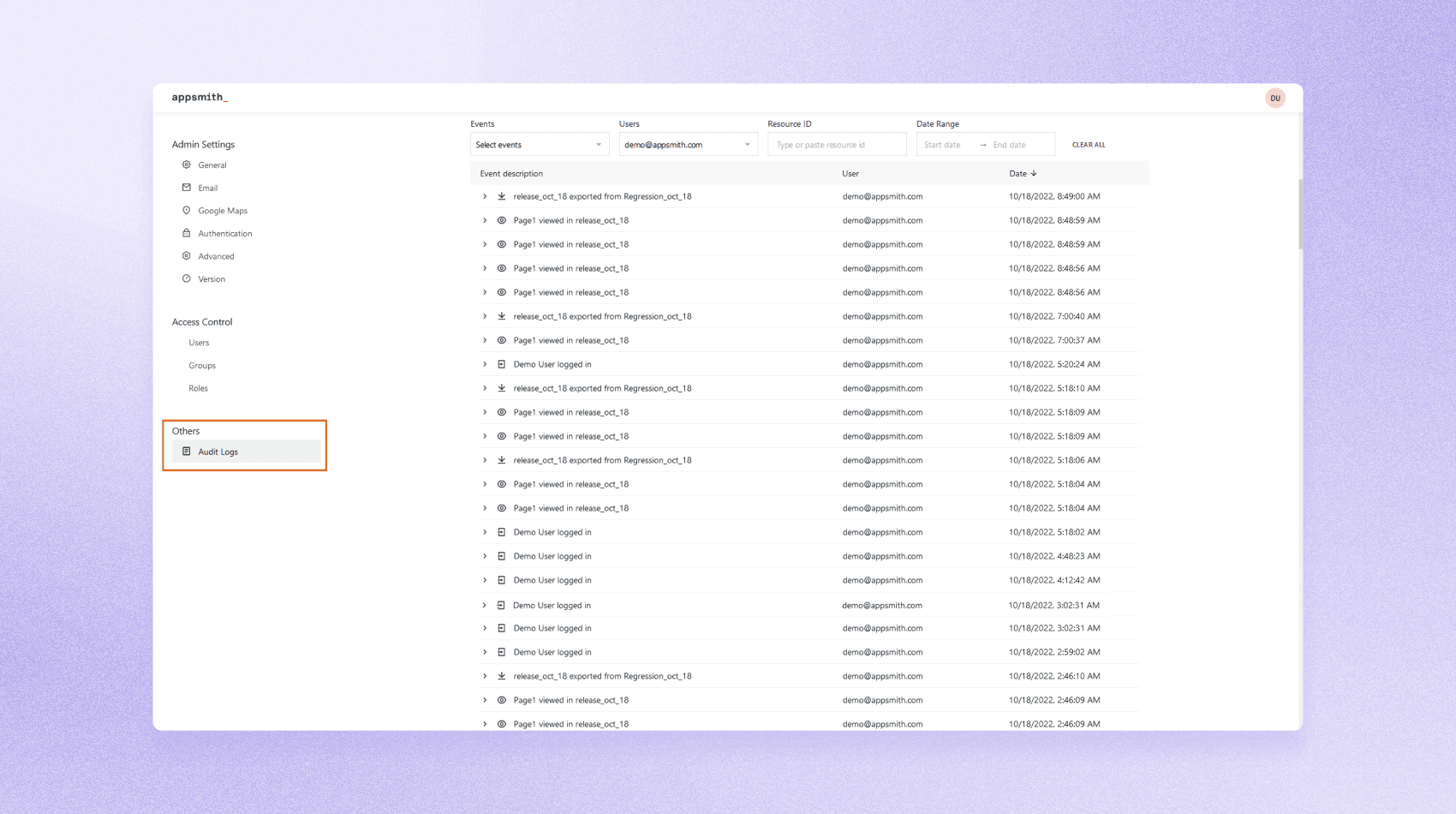 An image with lilac background and a screenshot of the audit logs section on the admin panel.
