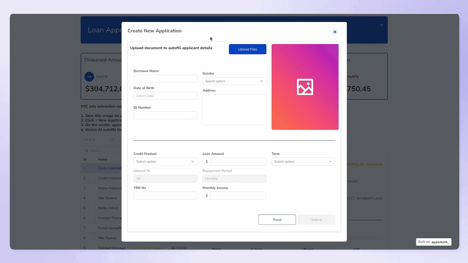 Screen recording showing a business AI application that extracts a customer’s information from an uploaded image of a personal identification document and autofills the fields of a loan application.