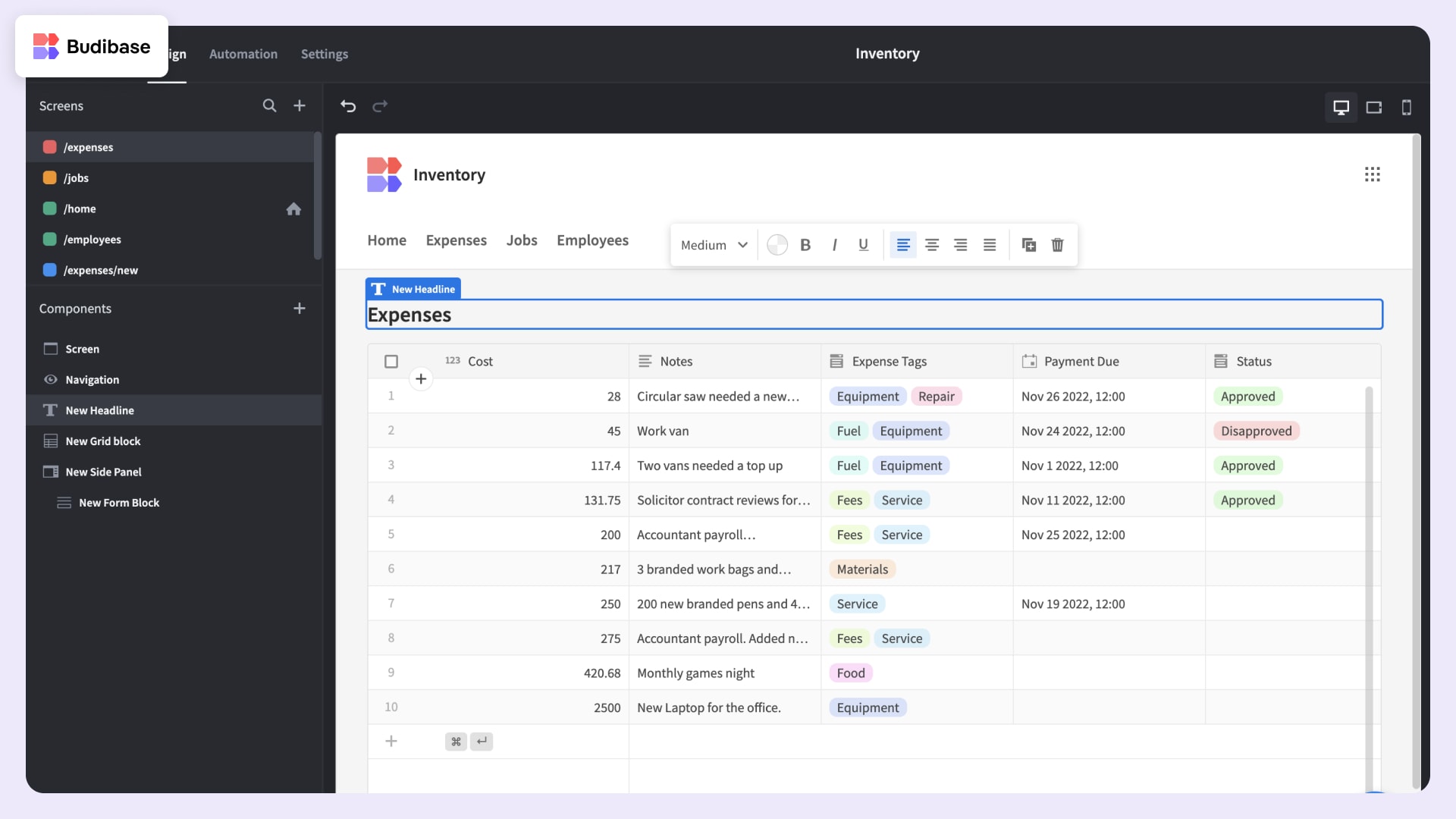 Dashboard of Budibase