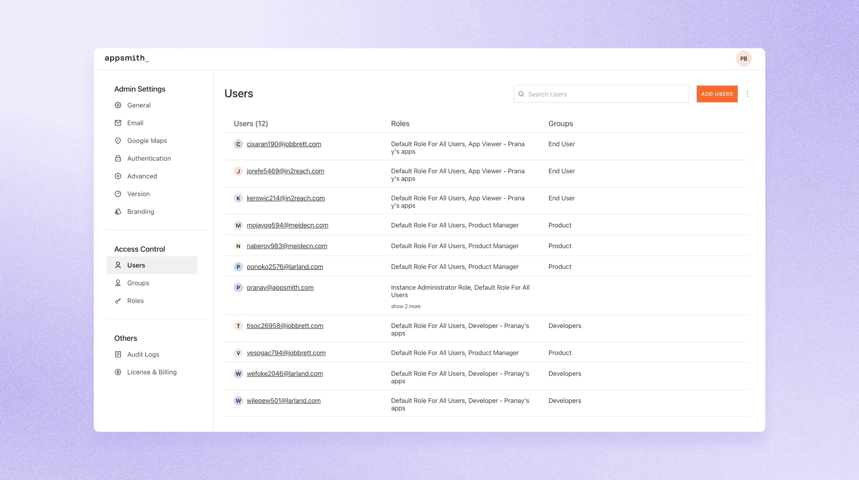 Users in access control settings on an Appsmith application.