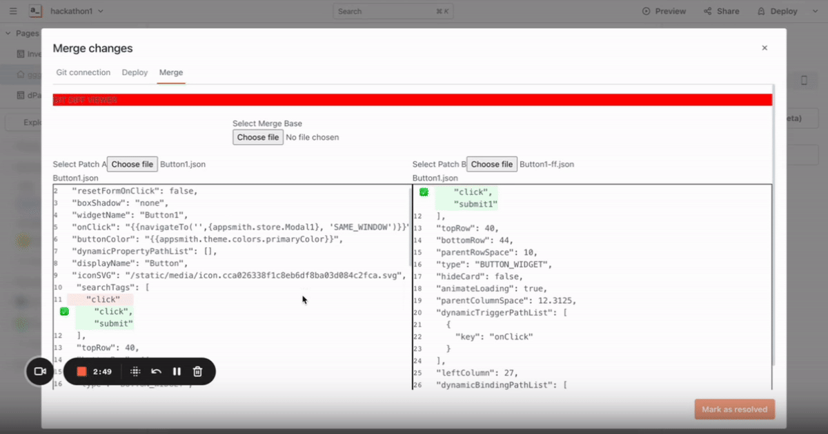 A screen recording showing a demo of the git diff functionality that we hope to integrate into Appsmith later.