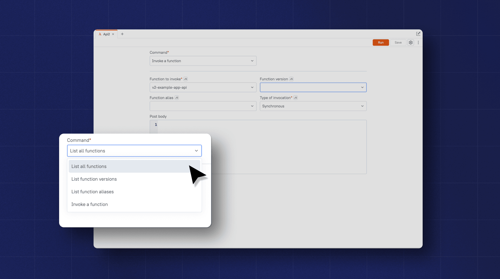 An image with blue background and a screenshot of Lambda function versions and aliases in Appsmith.